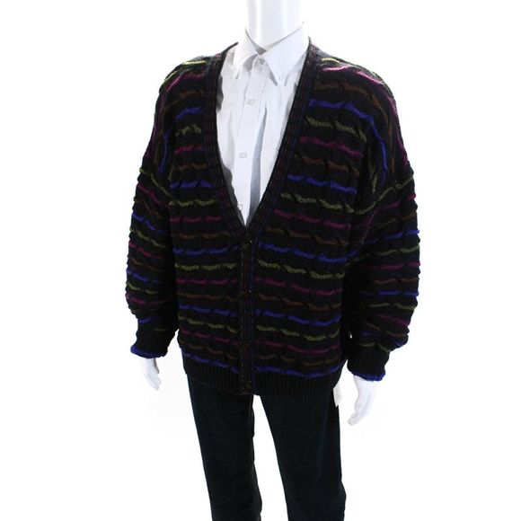 Mondo Di Marco Mens Four Button Striped Cardigan Sweater Black Multi Size Large - Picture 2 of 4